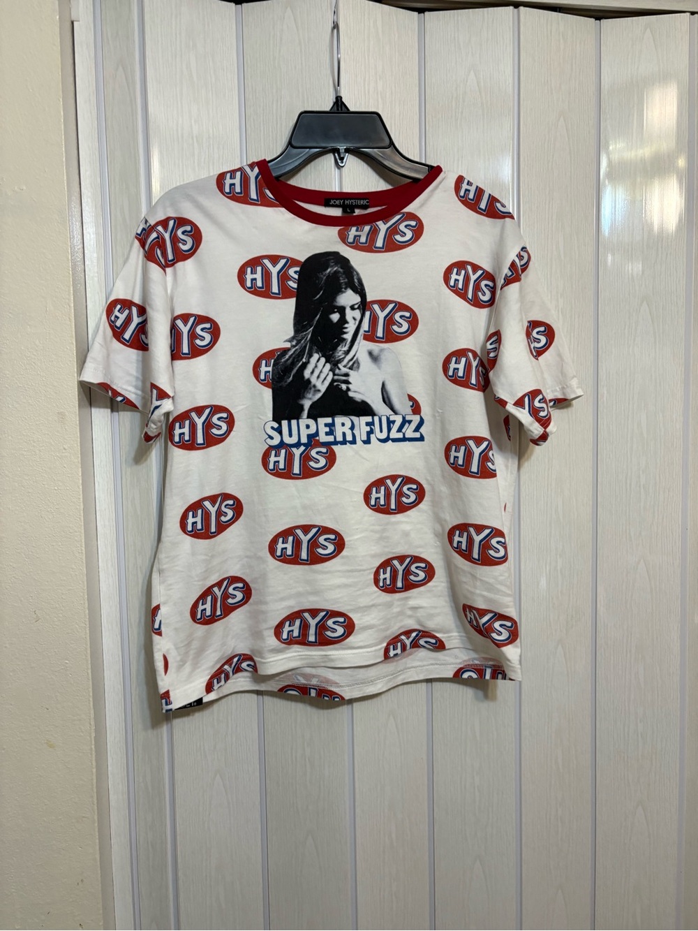 Hysteric Glamour White Tee with Red HYS Allover & Black Photo Graphic